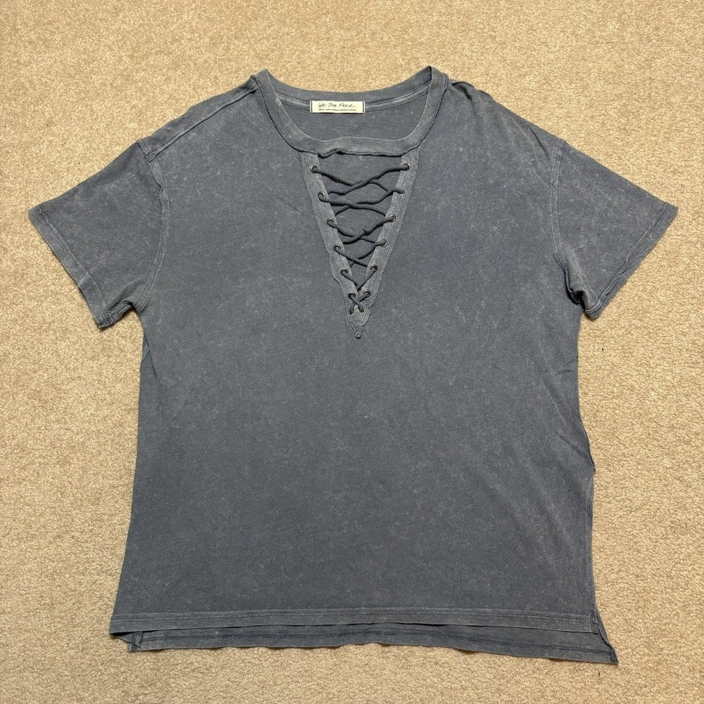We The Free Shirt Womens Small‎ Gray Lace Up V Neck Faded Jersey Tee Top